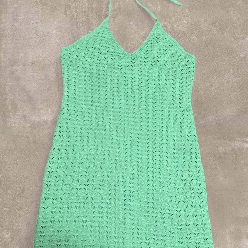 FRESHMAN Crochet Halter Mini Dress Mint Green